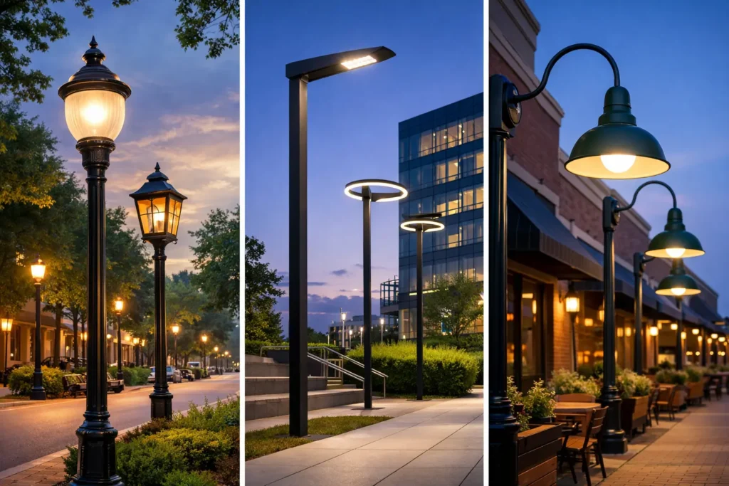 Architectural street lighting collection featuring traditional acorn lantern fixtures, modern LED street lights, and decorative bell-shaped gooseneck pole-mounted lighting for residential roadways, campuses, and commercial properties