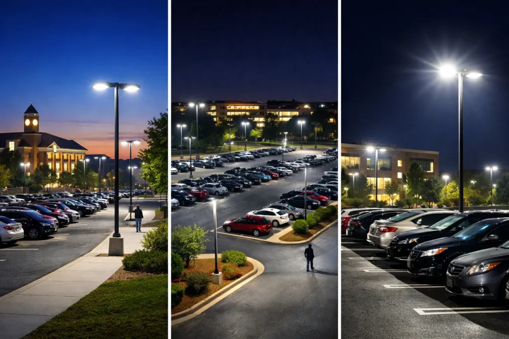 showing campus parking lot LED lighting at twilight and night, featuring wide, aerial, and close-up views that highlight safety, visibility, and evenly distributed illumination across parking areas