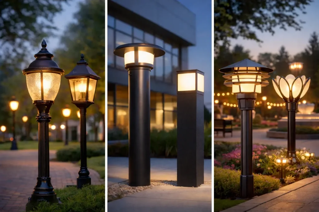 outdoor post top lighting styles showing traditional acorn and lantern fixtures, modern architectural designs, and decorative luminaires in landscaped urban environments with warm ambient illumination