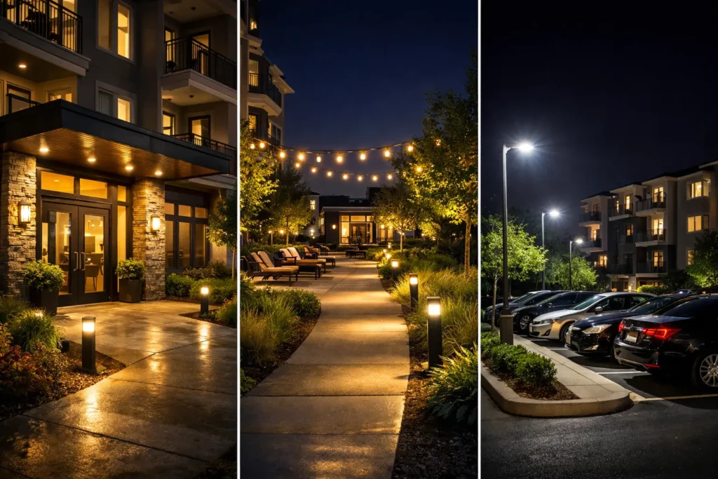 Modern multifamily apartment entrance at night with warm ambient lighting, illuminated stone facade, glass doors, and landscaped walkway creating a welcoming and upscale atmosphere.