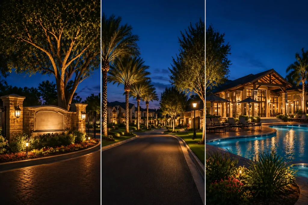 Architectural lighting in an HOA community at dusk featuring illuminated entrance, residential street with palm trees, and luxury clubhouse pool area