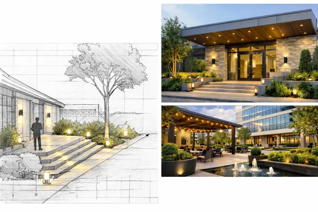 architectural lighting visual showing a hand-drawn outdoor lighting plan alongside two modern commercial outdoor environments in daylight