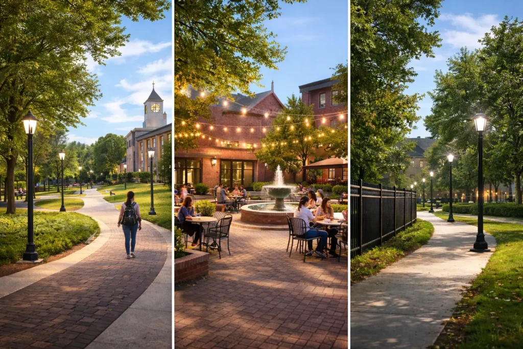 Daytime university campus scenes showing well-lit pathways, student courtyard gathering area with decorative lighting, and secure perimeter walkway with modern lamp posts and landscaping