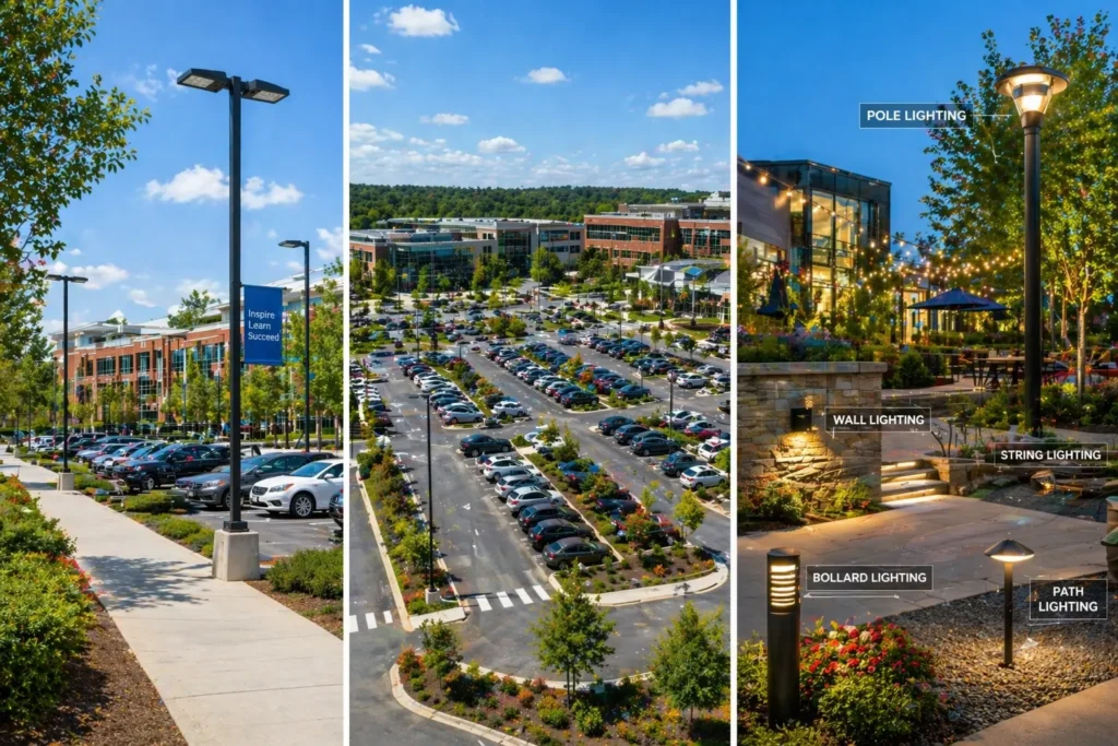 campus parking lot and outdoor common area in daylight, featuring LED parking lot lighting, aerial lot layout, and architectural lighting elements such as bollard lights, pathway lights, string lights, and wall-mounted fixtures enhancing safety and design.