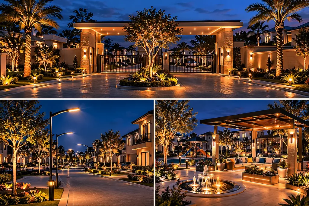 Upscale gated community entrance illuminated with warm architectural lighting, highlighting stone signage, landscaping, and security gate at night.