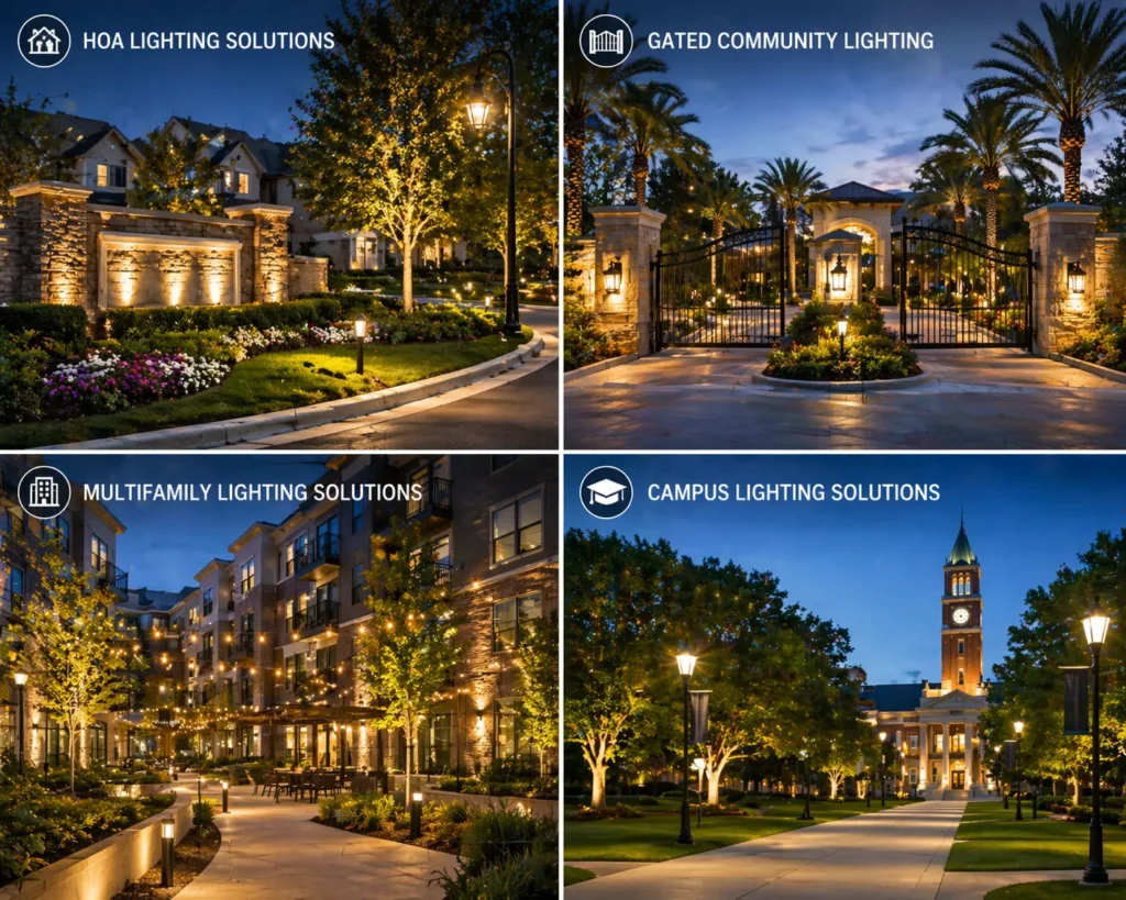 Four-panel outdoor lighting design showcasing HOA neighborhood lighting, gated community entrance lighting, multifamily apartment courtyard lighting, and campus pathway lighting at night