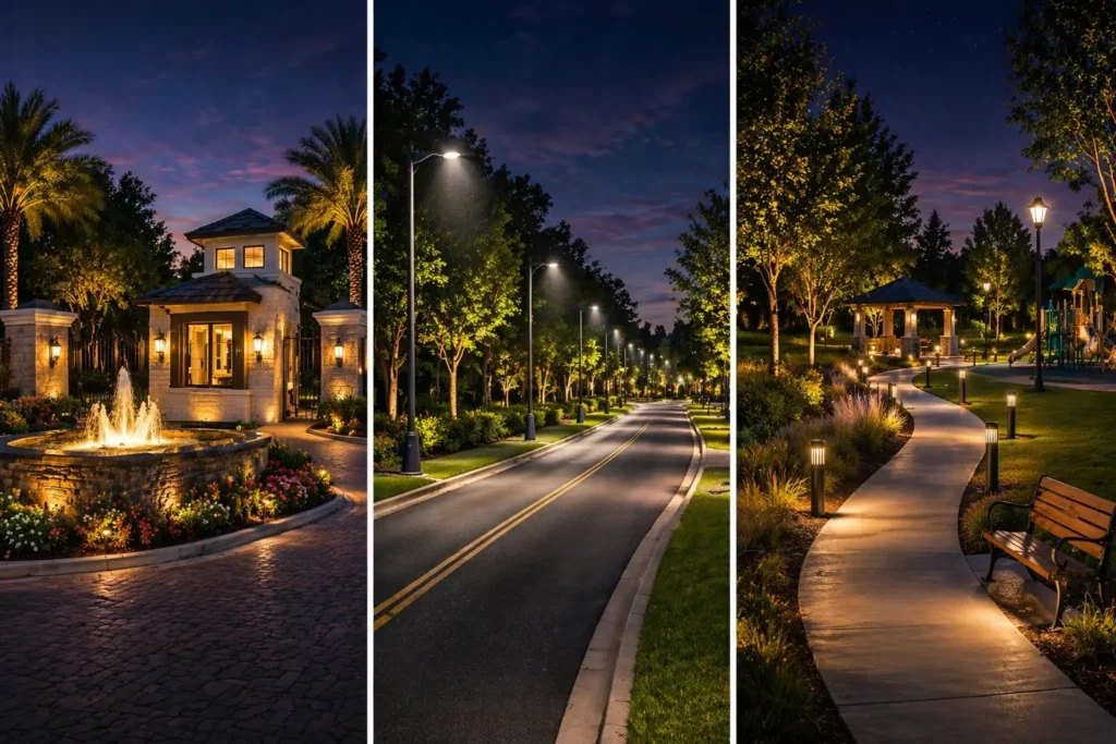 HOA LED outdoor lighting solutions for residential communities featuring illuminated entrance gateway, roadway and street lighting, pedestrian pathways, and park trail lighting with energy-efficient fixtures at dusk