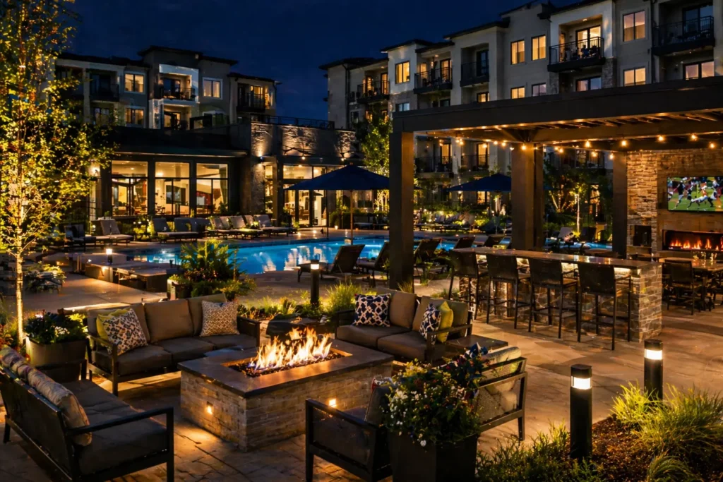 Luxury multifamily apartment common area at night featuring a resort-style pool, fire pit lounge seating, pergola with string lights, and landscaped lighting creating a warm, upscale atmosphere
