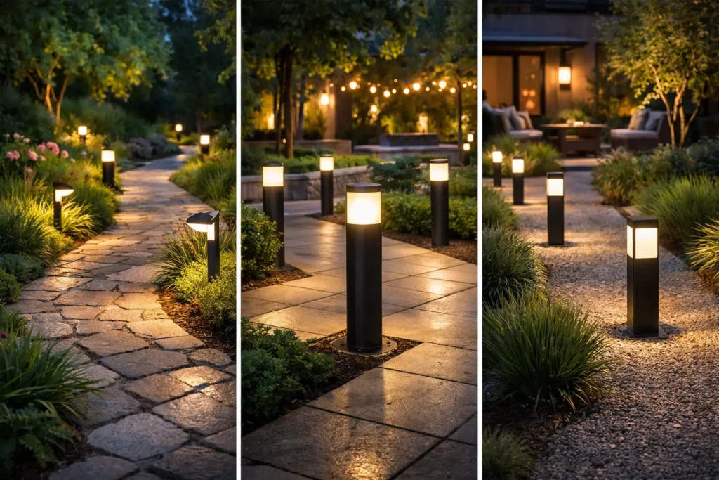 outdoor scenes showcasing pathway and bollard lighting at dusk, illuminating walkways, landscaped gardens, and courtyard seating areas with warm ambient light for safety and aesthetic appeal